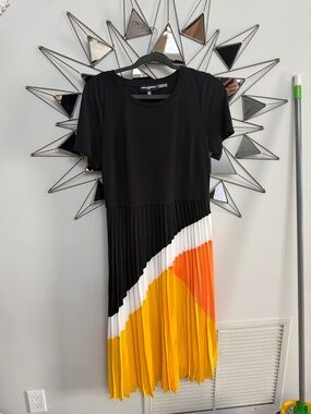 Karl Lagerfeld Black Midi Dress with White, Orange & Yellow Pleats